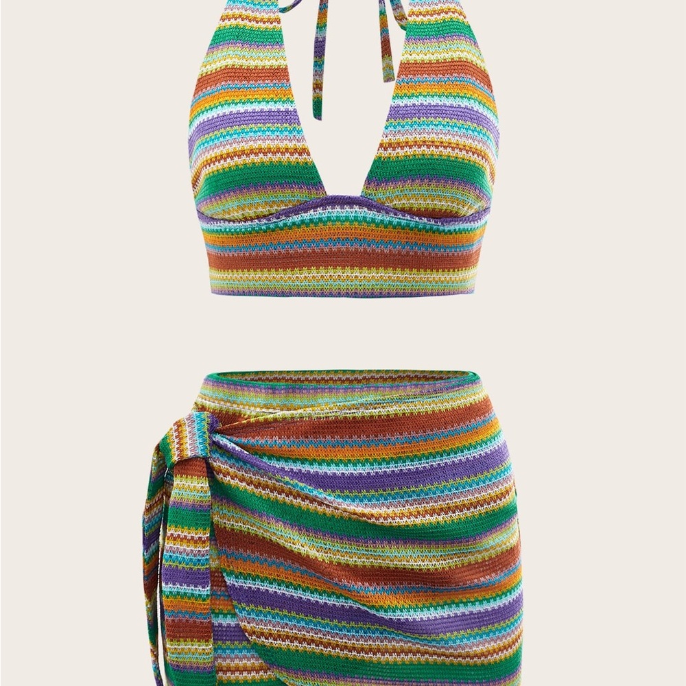 Colorful Vacation Striped Halter Top and Skirt Set